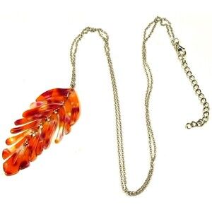 Handmade Resin Feather Pendant Necklace Orange Pink White Silver Tone Chain...